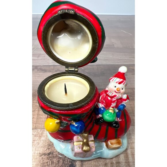 Ceramic Hinged Box Christmas Boot Candle Holder With Snowman & Holiday Decor - Picture 3 of 3